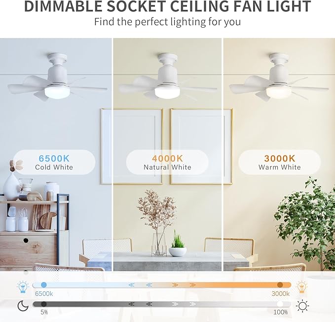 Socket Fan Light with Remote, 3 Color Ceiling Fans with Lights, Dimmable Small Led Ceiling Fan with E26 Base, 1000 Lumens Screw in Ceiling Fan Light for Bedroom, Kitchen, Living Room