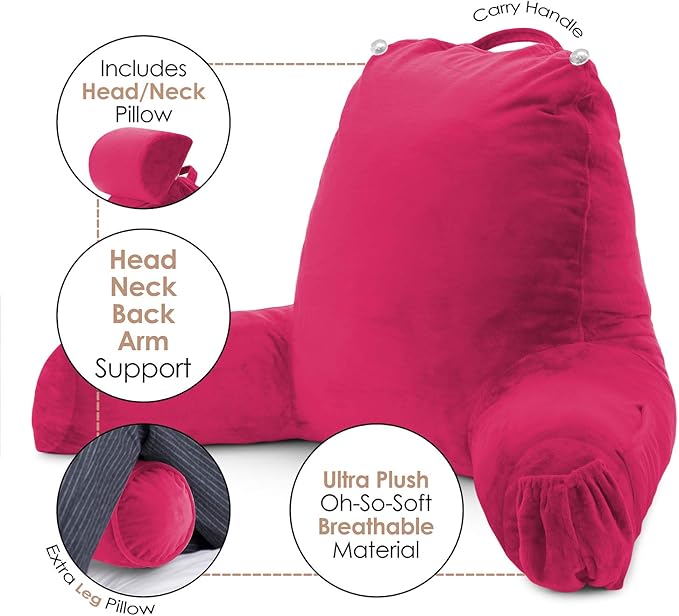 Nestl Reading Pillow Large Bed Pillow, Back Pillow for Sitting in Bed Shredded Memory Foam Chair Pillow, Reading & Bed Rest Pillows Hot Pink Back Pillow for Bed, Bed Chair Arm Pillow with Pockets