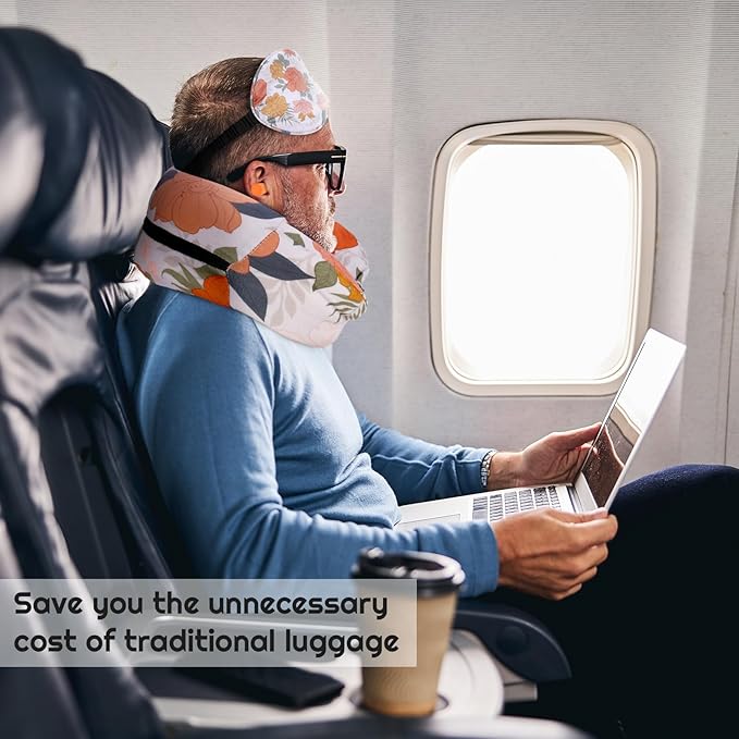 Stuffable Travel Pillows, Travel Pillows for Airplanes, Portable Self-Fillable Travel Neck Pillows, Comes with Contoured Eye Mask, Earplugs, and Storage Bag (Pillow Cover Only, No Filler)