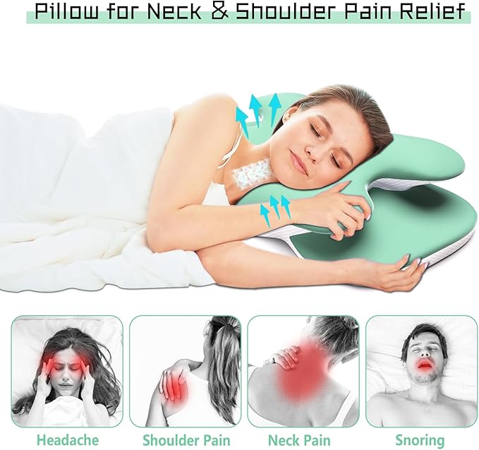 Cervical Neck Pillow for Pain Relief - Contour Memory Foam Pillows with Cooling Pillowcase, Neck Support Pillows for Sleeping, Ergonomic Orthopedic Pillow for Side, Back, Stomach Sleepers (Green)
