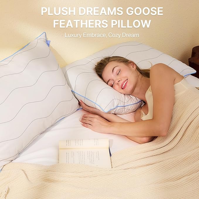 felo Feather Down Pillows Queen Size Set of 2, CloudFusion Goose Pillow for Sleeping, Luxury Hotel Collection Bed Supportive Pillows for Side Back Pain Sleepers, 100% Organic Cotton Shell (20" x 30")