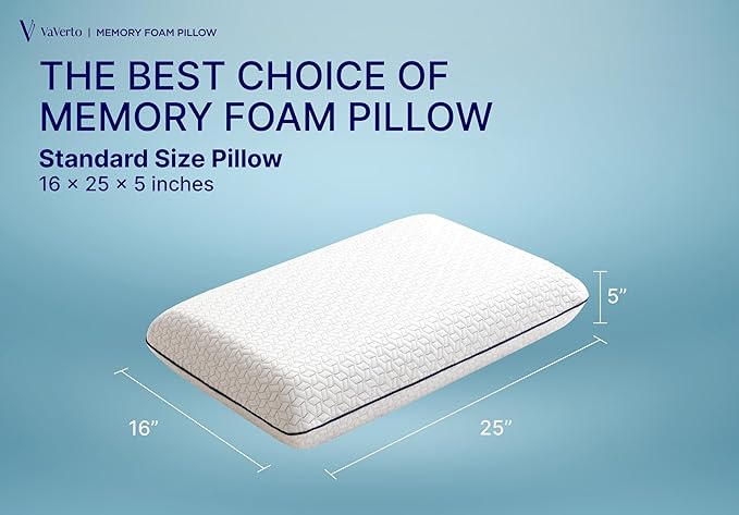 Vaverto Gel Memory Foam Pillow -Standard Size - Ventilated, Premium Bed Pillows with Viscose Made from Bamboo Pillow Cover, Cooling, Contoured Support, Orthopedic Sleeping