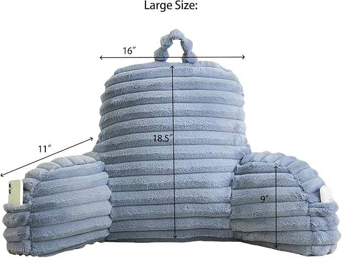 Faux Fur Fluffy Dusty Blue Reading Pillow with Pockets, Luxury Striped Plush Decorative, Arm Rests and Back Surport for Bed Rest, Lounging on sofa, Large