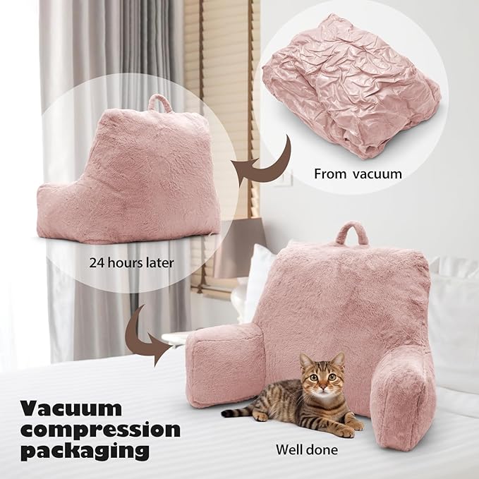 Reading Pillow Large Bed Pillow,Backrest with Arms, Back Support for Sitting Up in Bed, Couch for Lounging Bedrest,Pink
