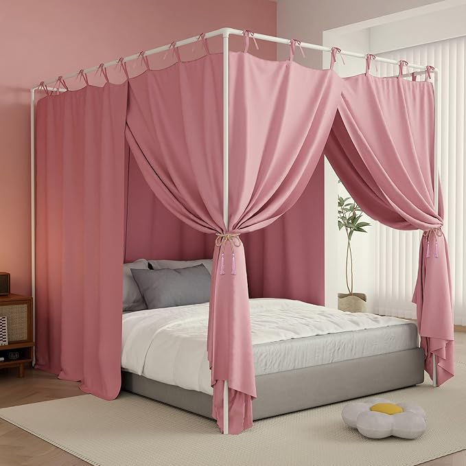 Pink Canopy Bed Curtains - 4 Corner Post Bed Curtains King Size Lightproof Drapes Bed Canopy with Top Ties and Tie Backs for Adults & Girls Bedroom Decoration(Pink,King)
