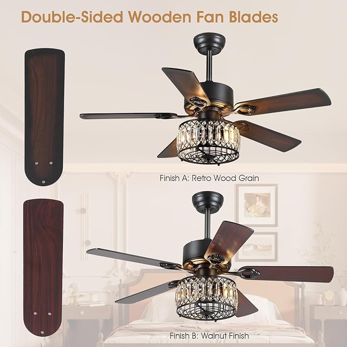 Chandelier Ceiling Fans with Lights, Crystal Ceiling Fan with Remote, 48 Inch Farmhouse Fandelier Ceiling Fan for Living Room Dining Room Bedroom, Dual Finish Wooden Blades, Black