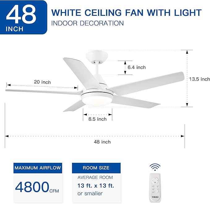 NicBex Ceiling Fan 48 Inch Modern Ceiling Fans with Integrated LED Light and Remote Control Double Finish Ceiling Fan with 5 Blades for Living Room, Bedroom, White