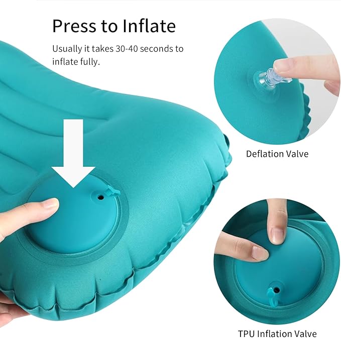 Ultralight Inflatable Travel Pillow Press to Inflate Compressible Ergonomic Neck and Lumbar Support While Camping Driving Sleeping Dark Blue