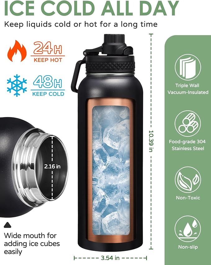 40/64oz Insulated Water Bottles with Straw - Paracord Handle & Strap Carrier, 40 oz Metal Flask Keep Cold 48Hrs, Vacuum Thermal Jug with Sling Bag for Sports Hiking Cycling Running