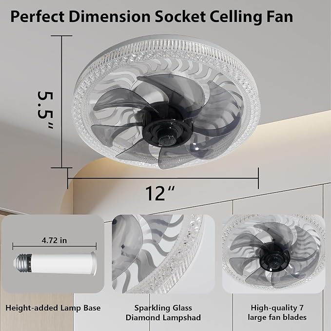Light Socket Fan with Remote ,12.2''Socket Modern Flush Mount Low Profile Ceiling Fan,Screw in Socket Fan Light with Dimmable Brightness and Color Temp,for Bedroom, Small Living Room, Kitchen