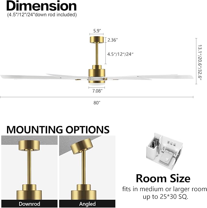 80" Ceiling Fan with Lights and Remote Control, Wood 8 Blades 6-Speed Noiseless Reversible DC Motor, 3 Downrods, Modern Large Ceiling Fan for Bedroom Dining Living Room, Gold Finish+White
