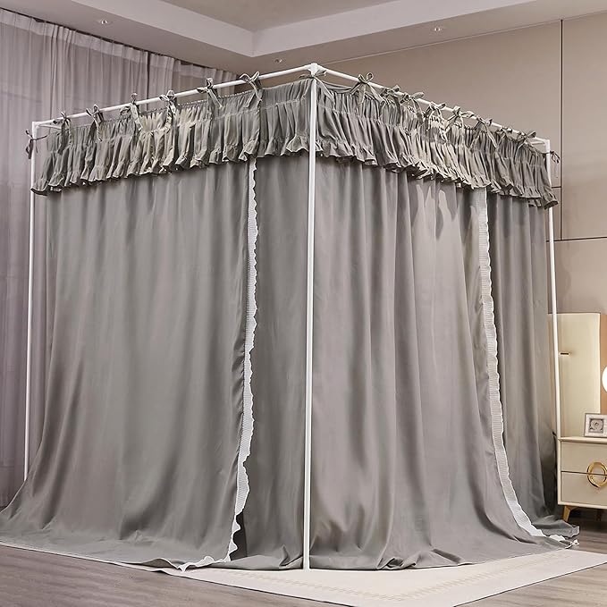 4 Corners Post Princess Ruffle Curtain Bed Canopy Lace Up Elastic Cozy Breathable Tent Mosquito Net for Girls Bedroom Decoration(Grey, 47-53" W*78" L*82"*H/Full)