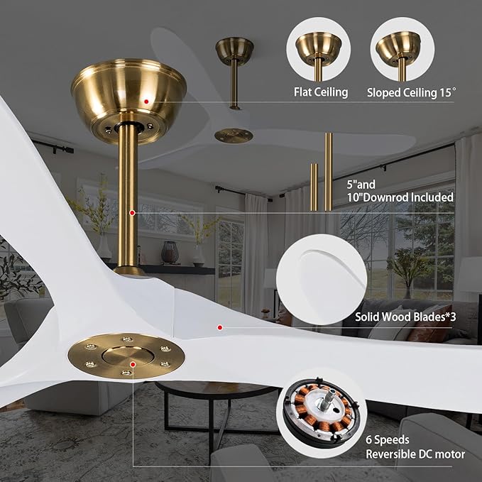 Bigzone 60" Indoor/Outdoor Ceiling Fan Without Light, Quiet Energy Saving DC Motor,3 White Balsa Wood Blades,Modern Ceiling Fan With Remote Control, Reversible Blades