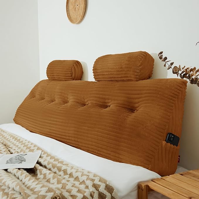 Headboard Wedge Pillow with 2 Pack Neck Roll Pillow Large Headboard Pillow Soft and Supportive Bed Rest Reading Pillows for Sitting in Bed with Removable Cover (Brown, King：76x8x20 Inches)