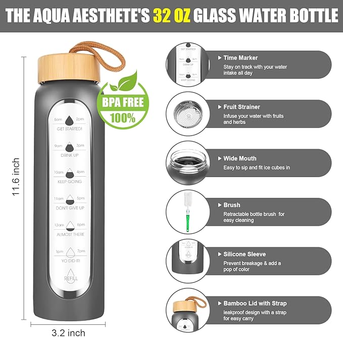 32 Oz Borosilicate Glass Water Bottle with Times to Drink | BPA Free - Reusable Wide Mouth Glass Motivational Water Bottles with Infuser & Silicone Sleeve (gray)