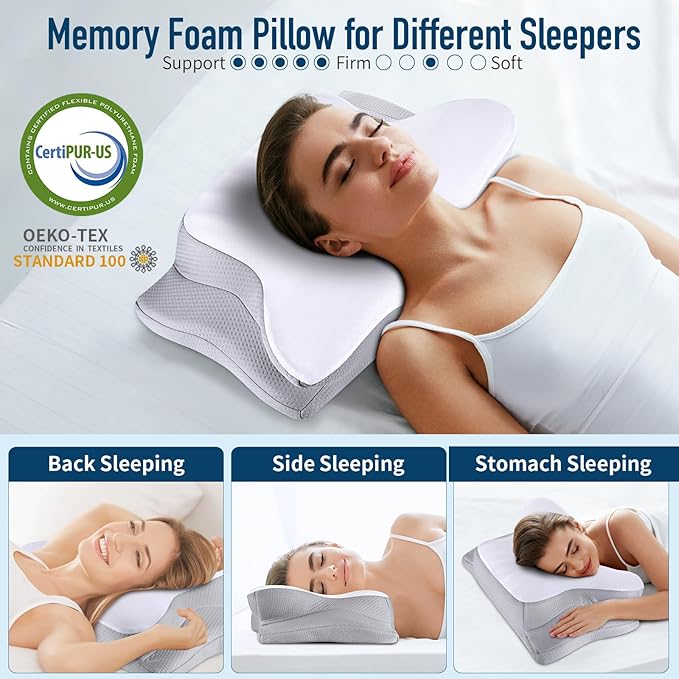 Memory Foam Pillows Cervical Neck Pillow for Neck Pain Relief, Contour Cooling Bed Pillow for Sleeping, Odorless Ergonomic Orthopedic Neck Support Pillows for Side Back Stomach Sleeper with Pillowcase