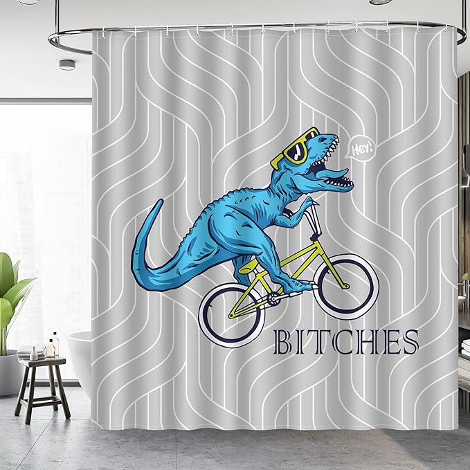 Aimego Long Funny Shower Curtain - Cute Blue Dinosaur Ride A Bike Fun Dino Fabric Cloth Bath Shower Curtain Set with 12 Hooks for Bathroom Decor Accessories Bathtub Curtain, 72"x78"