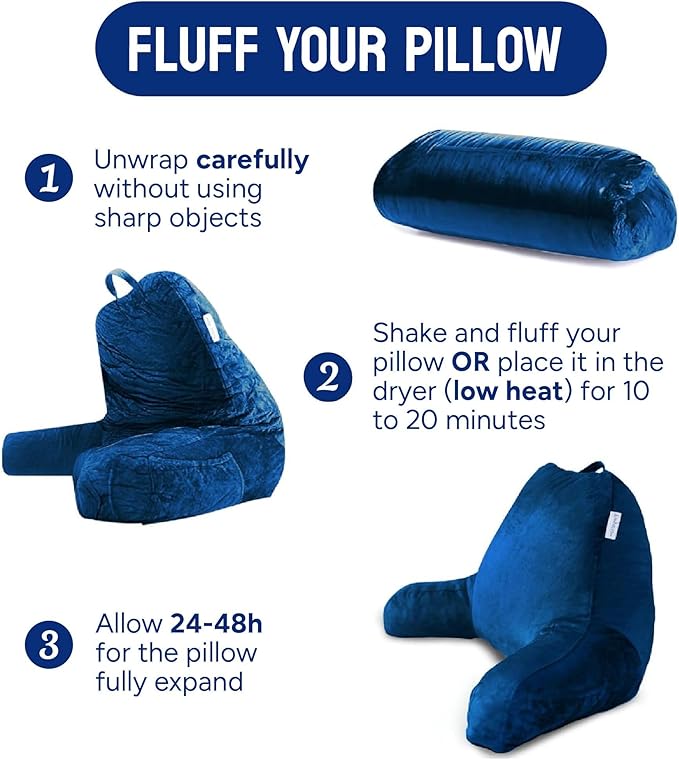 ComfortSpa Reading Pillow for Bed Adult Size, Back Rest Pillow with Arms, Pockets and Washable Cover; Use as a Back Pillow for Sitting in Bed for Bedrest or Relief from GERD Heartburn (XL Navy Blue)