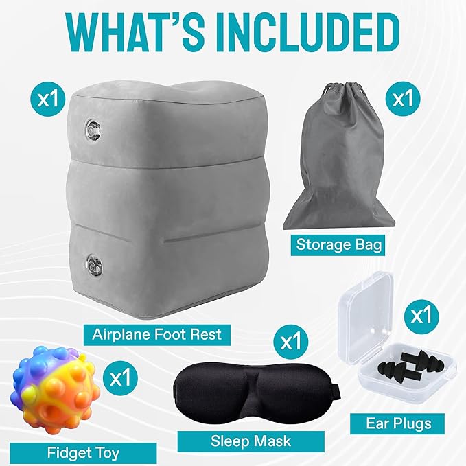 VUUDL Inflatable Airplane Foot Rest, Travel Foot Rest Pillow, Adjustable 3 Layers Height Leg Rest Pillow for Kids & Adults, Suitable for Office, Home and Any Travel, Eye Mask, Ear Plug Included, Grey