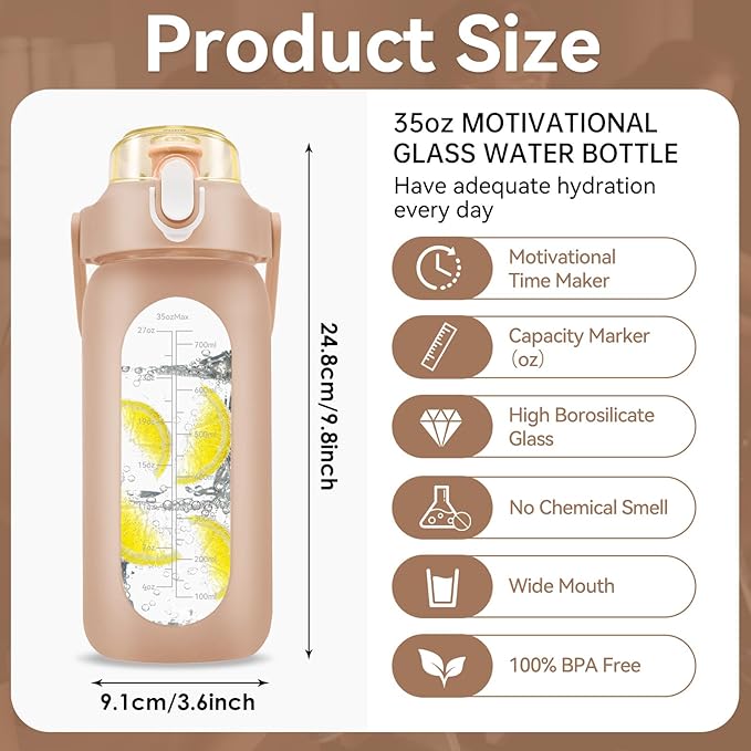 32 oz Glass Water Bottle with Time Marker - 1000ml Large Sports Motivational Water Bottles with Handle & Silicone Case, 1 Liter Leak-proof Measured Drinking Bottle for Gym Fitness Workout (Coffee)