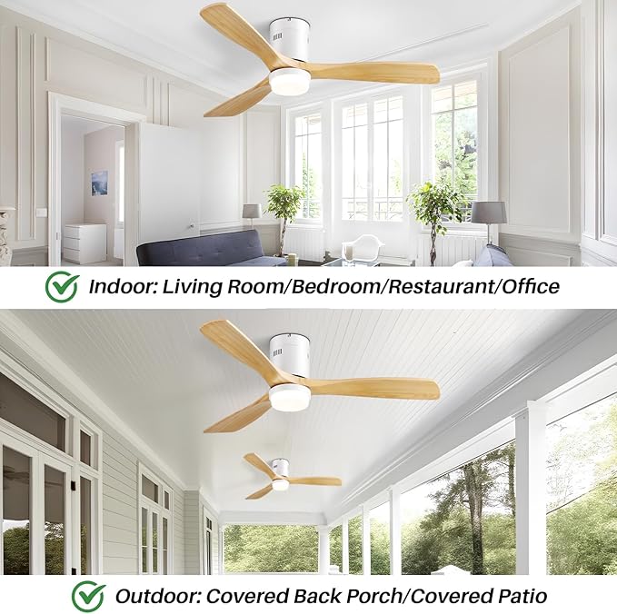 Sofucor Low Profile Ceiling Fan, Flush Mount Ceiling Fan with Lights and Remote Control, 52'' Wood Ceiling Fan with 3 Color Temperature & Adjustable Brightness, Burlywood