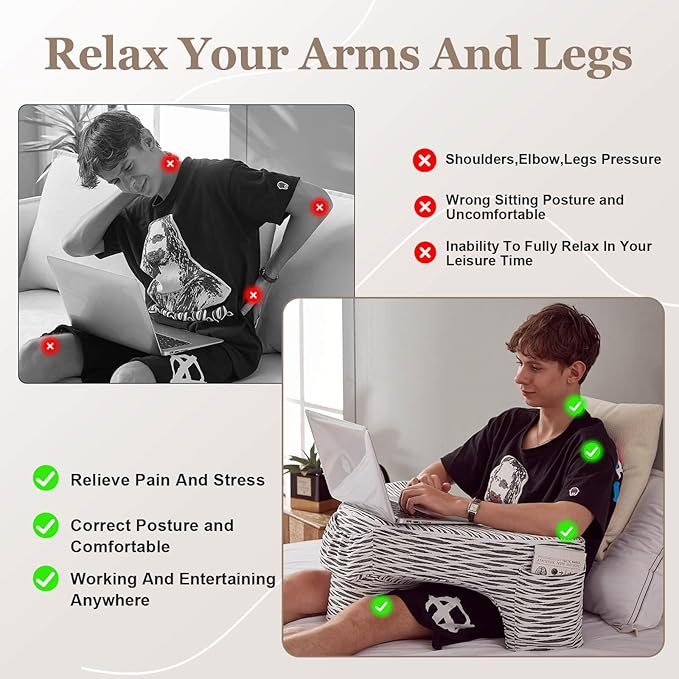 Heart-Shaped Reading Pillow, Lap Desk, Gaming Lap Pillow, Reading Cushion, Cushy Desk, Lap Pillow, Reading Cushion, Gaming Pillow, Book Pillow for Reading in Bed, Black & White Stripes