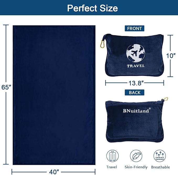 Bnuitland Travel Blanket and Pillow 2 in 1, Soft Flannel Airplane Blanket in Bag Compact-Long Flight Essential for Adults and Kids, Portable Luggage Sleeve and Backpack Clip, 65×40 inch Navy