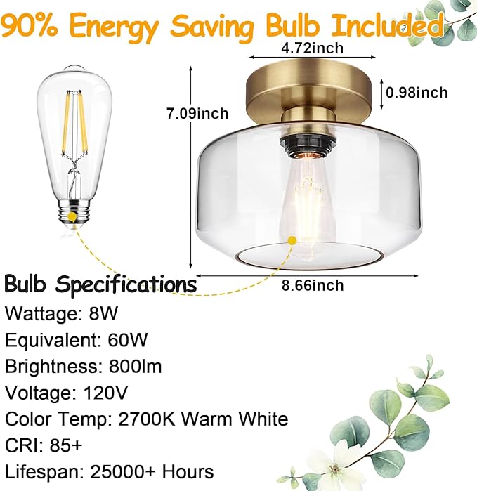 Industrial Semi Flush Mount Ceiling Light Brass, 800 Lumen LED Bulb Included, Clear Glass Shade Ceiling Light Fixture, Light Fixture for Hallway Bathroom Bedroom, Vintage Hanging Light Fixtures