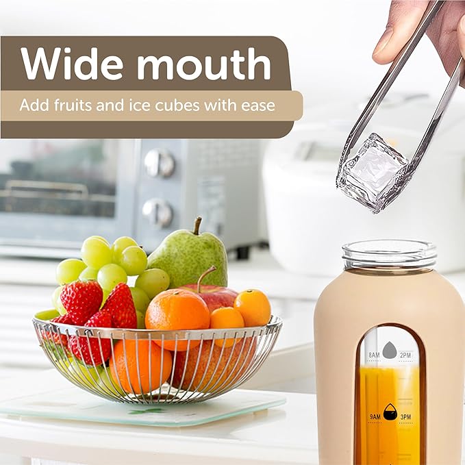 24oz Glass Motivational Water Bottle with Flip Lid Straw, Silicone Protective Sleeve, Handle, Reusable BPA Free (Dune)