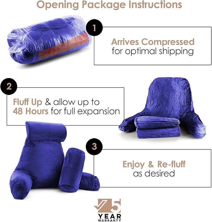 Nestl Reading Pillow Large Bed Pillow, Back Pillow for Sitting in Bed Shredded Memory Foam Chair Pillow, Reading & Bed Rest Pillows Royal Blue Back Pillow for Bed, Bed Chair Arm Pillow with Pockets