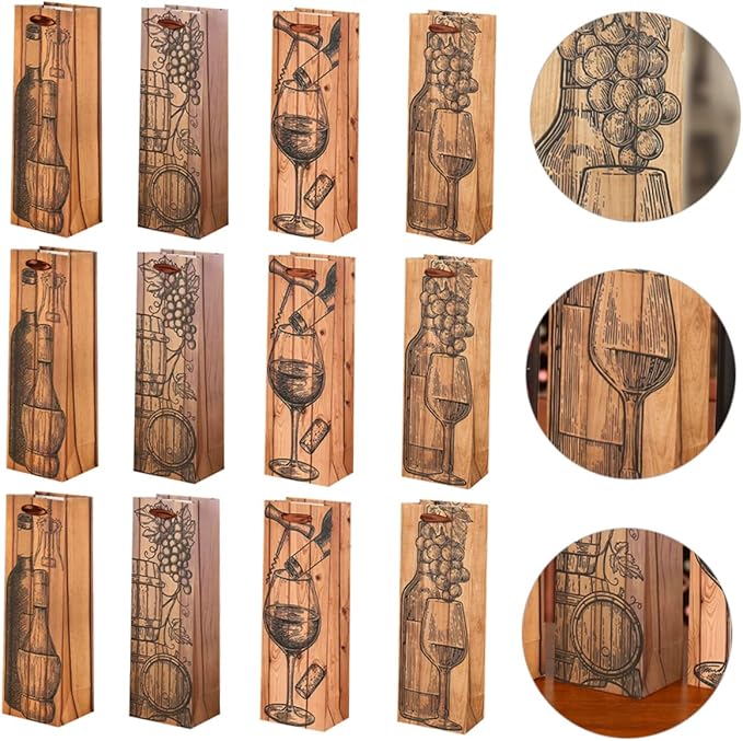 12pcs Wine Packaging Bag Christmas Party Supplies Wine Bottle Tote Bag Wine Bag Storage Pouch Portable Bag Bottle Wrapping Bag Handle Bag Paper Thicken Wine Bag