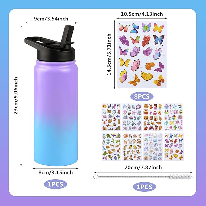 20oz Stainless Steel Water Bottle with Stickers and Straw for School Outdoor Sports and Travel Blue Purple Ideal for Boys Girls Gifts
