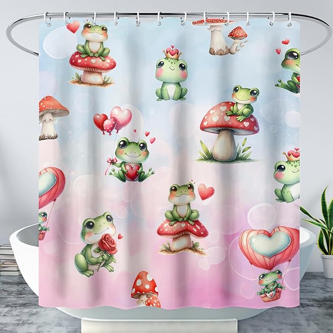 AILONEN Cartoon Frog Shower Curtain,Green Frog with Red Mushroom Roses Bathroom Curtain for Kids Boys Girls,Kawaii Amphibian Animal Waterproof Fabric Shower Curtains for Bathroom,72" W*96" H