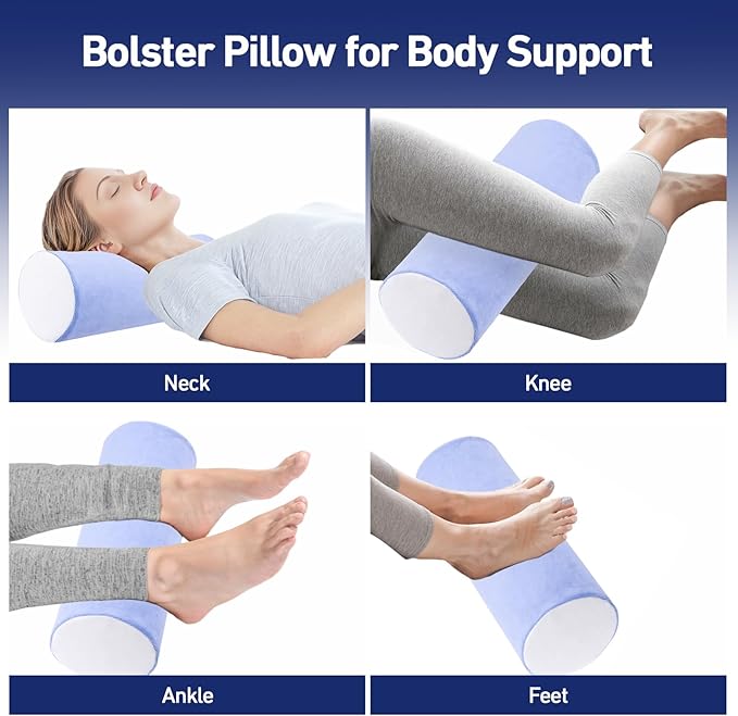 Neck Roll Pillow for Sleeping - 16 x 6.3 Inch Memory Foam Cervical Neck Pillow with Removable Cover - Multifunctional Bolster Pillow for Bed, Couch, Office, Yoga, and Travel (Blue White)