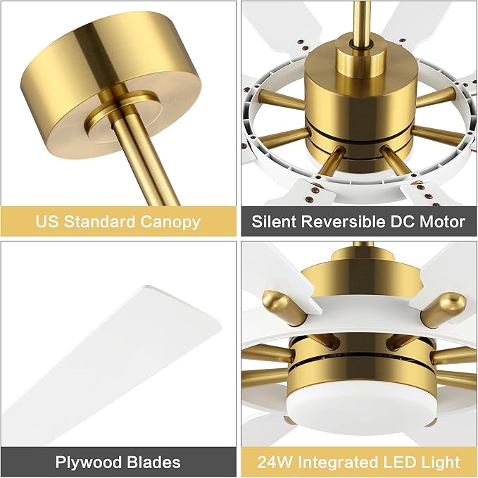 80" Ceiling Fan with Lights and Remote Control, Wood 8 Blades 6-Speed Noiseless Reversible DC Motor, 3 Downrods, Modern Large Ceiling Fan for Bedroom Dining Living Room, Gold Finish+White