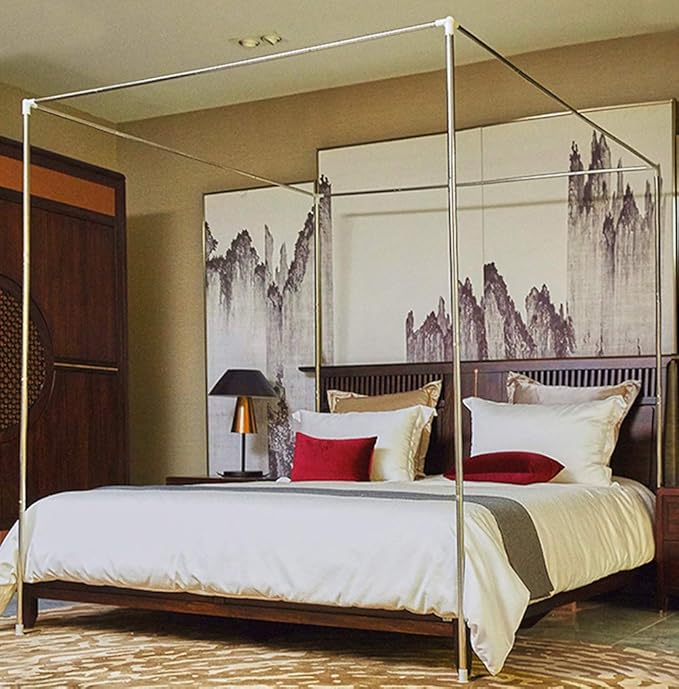 Mengersi Canopy Bed Frame Post Stainless Steel Four Corner Bed Canopy Poles Mosquito Net Frame Bracket Fit for Metal Bed Wood Bed Twin Size (Silver)