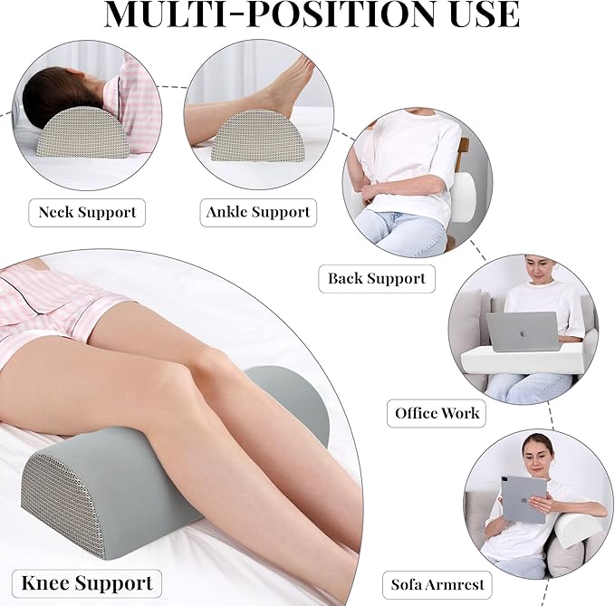Knee Pillow for Side Sleepers Memory Foam Leg Pillows for Sleeping Yoga Bed Half Moon Bolster Pillow for Neck Pain Relief with Pillowcase 20.5x8x4.5 Inches(Cooling Grey, Standard Size)
