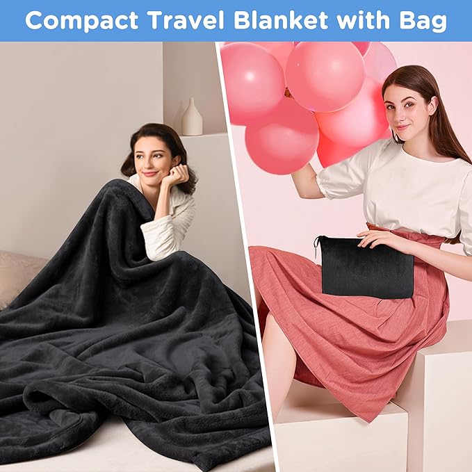 ATsense Travel Blanket Pillow, Premium 2 in 1 Soft Airplane Blanket Compact with Bag Pillowcase, Hand Luggage Sleeve and Backpack Clip - Travel Essentials for Long Trips, Flying and Car, Black