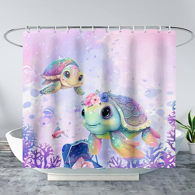 AILONEN Kawaii Sea Turtle Shower Curtain,Tie Die Ocean Animal Themed Bath Curtain Cloth Fabric Bathroom 60" W*72" H Inch,12 Pack Hooks for Kids,Sea Animal with Treasure Box Bathroom Curtain