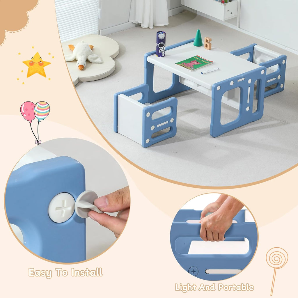 3 in 1 Montessori Weaning Table and 2 Chairs Set, Kids Activity Table Set, 2 Height Levels, Toddlers Activity Table for Drawing, Dining, Reading and Playing, Blue