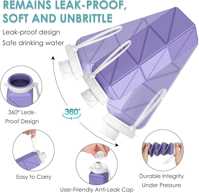3pcs Collapsible Water Bottles,BPA-Free Leak-Proof Silicone Foldable Water Bottle Cup 20.6oz,Durable Lightweight Bottle for Gym Travel Camping Hiking Running (Purple+Green+Grey)
