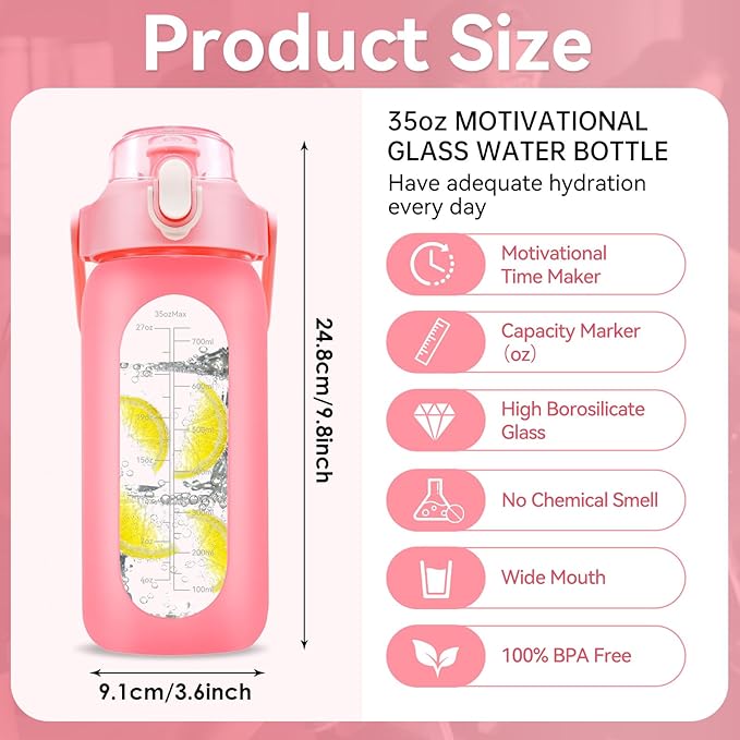 32 oz Glass Water Bottle with Time Marker - 1000ml Large Sports Motivational Water Bottles with Handle & Silicone Case, 1 Liter Leak-proof Measured Drinking Bottle for Gym Fitness Workout (Pink)