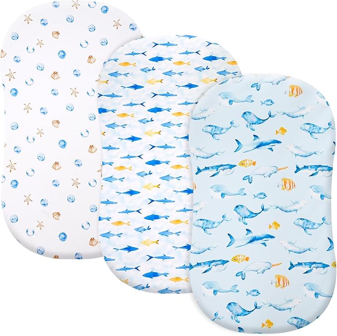 3 Pack Bassinet Sheets, Ultra Soft Breathable Comfortable Baby Sheet Set for Boys Girls Neutral, Univeral Fit for Most Cradle and Bassinet Mattress, Whale