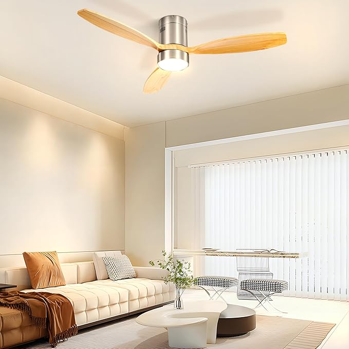 Sofucor 52 Inch Low Profile Ceiling Fan with Lights Remote Control Wood Blades Reversible DC Motor Modern Ceiling Fan for Kitchen, Bedroom, Basement, Dining, Living Room, Silvery wood