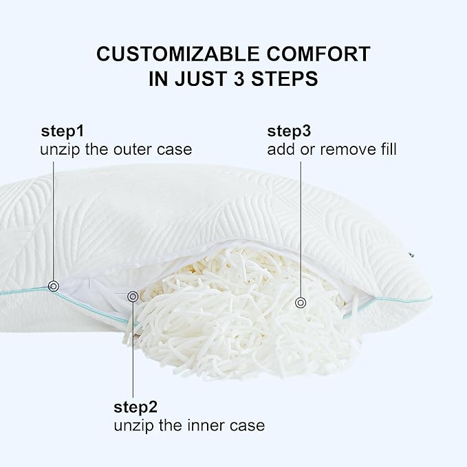 Shredded Memory Foam Pillows Bed Pillows King Size Pillows Set of 2, Summer Cooling Pillows for Hot Sleepers with Washable Pillowcase, and Winter Soft Dual Sided Pillow for Back Sleepers