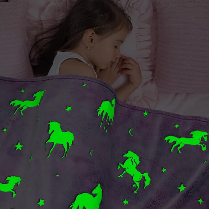 BORORO Unicorn Gifts Purple Glow in The Dark Blanket for Kids Unicorns Toys for Girls Cute Blankets for Birthday Halloween Christmas Valentines Gifts