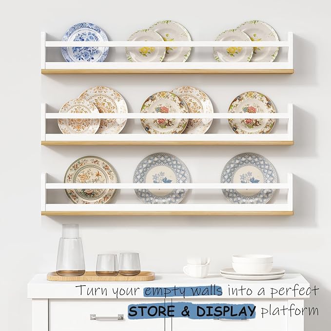 36 Inches Long Nursery Floating Shelves for Wall, Large Wall Book Shelves for Kids Room, White and Natural Haning Bookshelf for Toddlers Child Kids Bedroom Classroom Library (Set of 3)