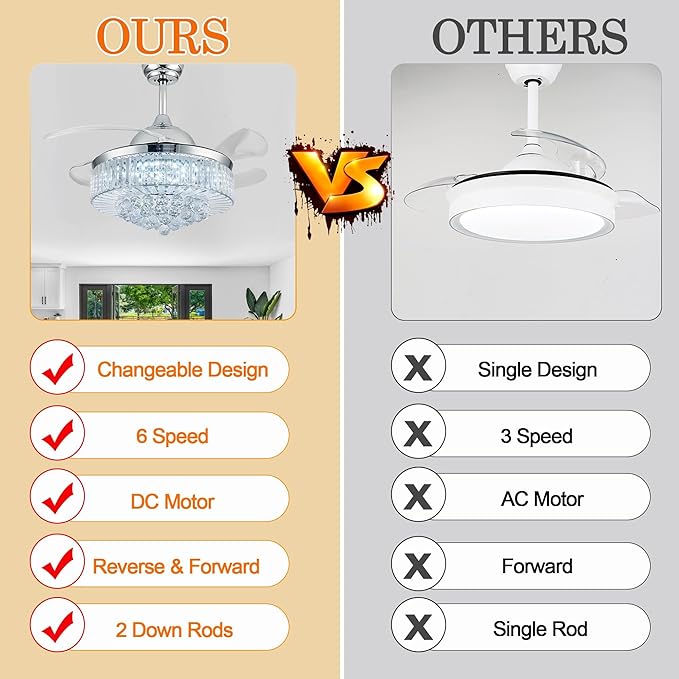 42'' Crystal Chandelier Fan Fandelier Retractable Ceiling Fans with Light and Remote, Invisible Fandelier Ceiling Fan with Light for Bedroom (Crystal-Silver)
