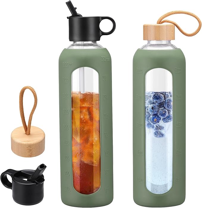 32oz Glass Water Bottle With 2 Lids-Flip Straw Lid, Bamboo Lid, Glass Water Bottle With Silicone Sleeve, Motivational Time Marker, Glass Juice Bottle for Cold Drink,Plive