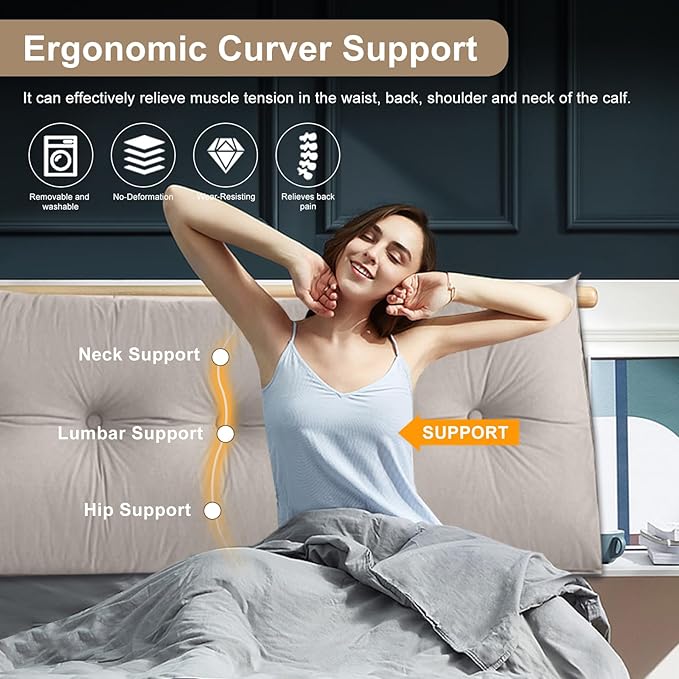 Large Triangular Headboard Pillows Long Backrest Positioning Support Bolster Cushion for Daybed Fluffy Quality Plush Body Wedge Pillow with Removable Cover(Light grey-Cal King-71x8x20 in)